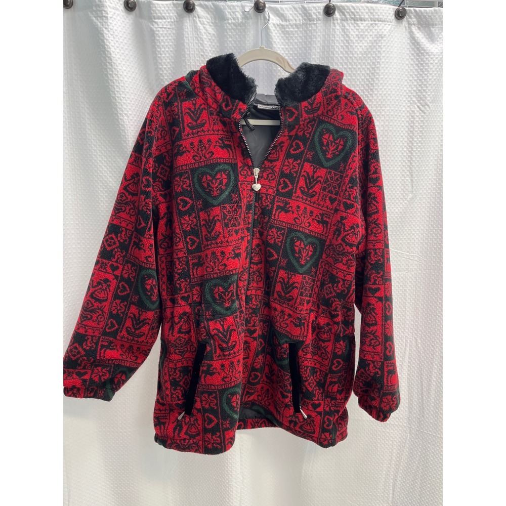 Obermeyer Vintage Red Nordic Heart Fleece Jacket Faux Fur Hood Zip Up Medium